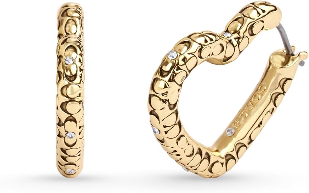 COACH Women's, Signature Quilted Heart Hoop Earrings, Crystal/Gold, One Size